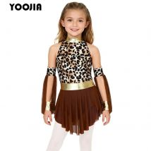 Kids Girl Halloween Prehistoric Cave Costume Leopard Print Mock Neck Sleeveless Leopard Dress Carnival Party Performance Outfits