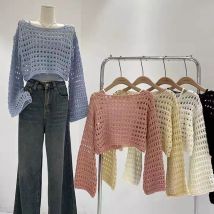 Dzianinowy top z długim rękawem Letnie bikini plażowe Cover Up Crop Pullover Wełniana dzianina Bluzka damska Strój wakacyjny Boho