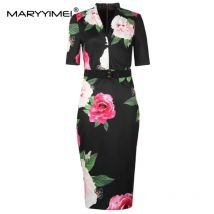 MARYYIMEI Modedesigner Sommer Damenkleid V-Ausschnitt Kurzarm Blumendruck Slim Paket Hüfte Elegante Kleider