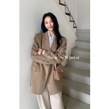 Damen Wolljacke Anzugkragen Mode 100 % Wollmantel mit Schal Lässige Büroanzüge Lose Normale Länge Winter Herbst 2025