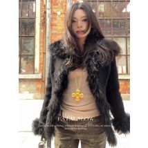 Schwarz Pelzigen Patch drehen-unten Kragen Kurzen Mantel Frauen Gothic Frühling Herbst Y2k Schlank Punk Grunge Offenen Stich top Jacke
