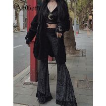AltGoth Harajuku Punk Gothic Flare Hosen Frauen Grunge Straße Vintage Mall Goth Spitze Patchwork Aushöhlen Dunkle Schwarz Samt Hosen