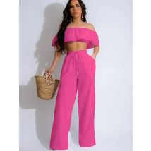 Elegante zweiteilige Outfits für Damen, Sommerurlaub, Rüschen, Slash-Ausschnitt, schulterfreies Crop-Top und Hose mit weitem Bein, passende Sets