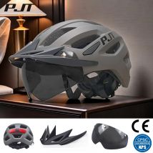 PJT Nuovo casco da bici a LED con visiera per occhiali da sole LED ricaricabile da uomo Casco da bicicletta Occhiali da sole Scudo Caschi da ciclismo MTB da strada