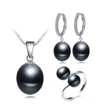 Echtes schwarzes Brautset mit Perlenohrringen und Halskette, Schmuckset aus 925er Silber mit natürlichen Perlen, luxuriöses Geschenk zum Geburtstag für Frau, Mutter