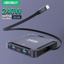 Ubigbuy 240W GaN Charger Digital Display Fast Charging Station with 100W USB C Retractable Cable For iPhone 17 Samsung MacBook