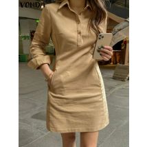 2024VONDA Frauen Sommer Kleid Elegante Lange Ärmel Einfarbig Hemd Sommerkleid Beiläufige Lose Tasten Taschen Kurze Mini Vestidos