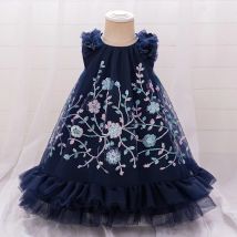 Vestito da tutù da festa con ricamo floreale per ragazze Bambini Blu Battesimo Abiti da ballo di nozze Ragazza Estate Moda Bambini Abiti da vacanza