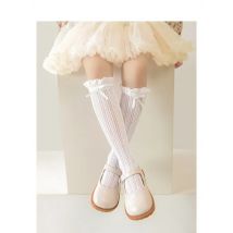 Weiße Spitzen-Seiden-Kniestrümpfe, Netzstrümpfe, ausgehöhlt, Blumenmuster, Häkeln, Schleife, Rüschenbesatz, Design, Strümpfe, Eltern-Kind-Socken