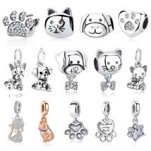 Ciondoli originali in argento sterling 925 Amore Animali domestici Cane Gatto Zampa Stampa Perline pendenti Misura braccialetti di marca Collane Gioielli fai da te da donna