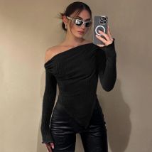 Herbst Winter neue T-Shirt Frauen sexy schwarz asymmetrischen Schräg kragen T-Shirt Mode lange Ärmel lässig schlanke Dame vielseitige T-Shirts