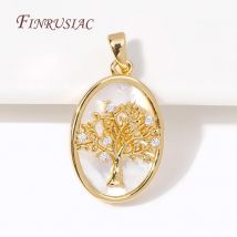 18K Gold Plated Life Tree Pendants High Quality Brass Metal Inlaid Shell Oval Charms For Jewelry Making DIY Jewelry Findings