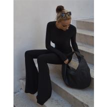 Solid Black Sexy Backless Bodycon Wide Leg Jumpsuit Women Autumn Casual Slim Long Sleeve O-Neck Playsuit Lady Streetwear