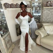 Floor Length Wedding Dress Ivory Satin Mermaid Spaghetti Straps Wedding Gowns for Women Bride Backless Beading Bridal Dress