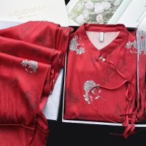 Rote Pyjamas im chinesischen Stil Set Langarm Homewear Satin Jacquard Nachtwäsche Loose Top & Hosen 2 Stück Pyjamas Frauen Nachtwäsche