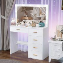 Teousev Weißer, dimmbarer, mit LED-beleuchteter Spiegel, Make-up-Schminktisch-Set, 5-Schubladen-Aufbewahrungsorganisator, Schlafzimmer, Schminktisch, Möbel