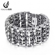 Fongten Großhandel Breite Schädel Edelstahl Armbänder Männer Metall Biker Viking Charme Große Argent Männer Armband Armreif Schmuck