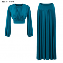 2 Stück 1 Set 2025 Damen-T-Shirt mit O-Ausschnitt, gestrickt, Baumwolle, langen Fledermausärmeln, hoher Taille, plissiert, gerüschter Swing-Schlitzrock