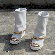 White Riding Boots White Mid Calf Boots Square Toe Inner Heel Slip On Female High Heel Wedges Cow Leather Booties Women Shoes