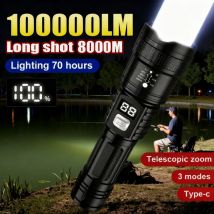 Linterna superbrillante de 100000LM, linterna LED recargable, lámpara táctica de largo alcance para exteriores, impermeable, linterna para acampar y pescar