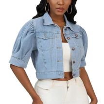 Frauen Neue Revers Einreiher Strickjacke Denim Kurze Jacke Blase Hülse Oberbekleidung Sommer Casual Weiblichen Mantel Stilvolle Streetwear
