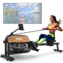 Wioślarz domowy Fysiq, wykonany z wysokiej jakości drewna, z bardzo dużym zbiornikiem na wodę o pojemności 28L, zwiększona o 50% wydajność oporu, wyświetlacz Bluetooth, maksymalna wysokość użytkownika