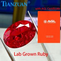 Ovaler, im Labor gezüchteter Rubin-Edelstein in roter Farbe, natürlicher Schliff mit Risse, Einschlüssen im losen Stein mit AGL-Zertifikat