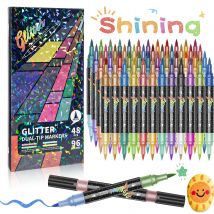 Glitter Effect Brush Markers,Dual Tip Dual Color Brush Shimmer Marker for Doodle Writing,Glitter Art Crafts Adults DIY Crafts
