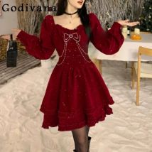 Christmas Autumn Winter New Large Size Red Velvet Dresses Elegant Girl French Square Collar High Waist Long Sleeve Korean Dress