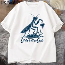 Girls Will Be Girls Graphic Sweatshirt, Funny Feminist Tee, Praying Mantis Print Shirt, Casual Statement Top Shirt for Women