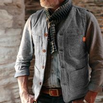 Vintage Westen Herren ärmellose V-Ausschnitt Einreiher Weste Jacke für Männer Frühling Mode Patchs Taschen Design Weste Mantel Mann