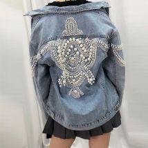 TEELYNN Denim frauen jacke vintage Mehr als 2,000 perle studs intarsien lose mantel langarm Herbst Oberbekleidung weibliche boho jacke