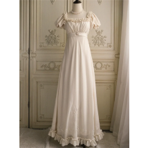 Weiße Stickerei Regency Era Kleid Empire-Taille Jane Austen Kostüm Robe Vintage High Waist Tea Party Hochzeitskleid Ballkleid