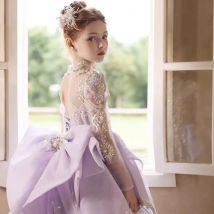Jill Wish J123 Luxuriöses lila Dubai-Mädchenkleid mit Schleife, Perlen, langärmelig, Prinzessin, Hochzeit, Geburtstag, Festzug, Party, Performance-Kleid