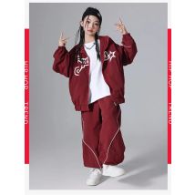 New Kids Hip Hop Outfit Street Dance Clothing Baggy Burgundy Set Boys Girls Sport Jazz Performance Costume Team Dancewear L13651