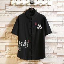 Schwarze Kurzarmhemden im chinesischen Stil, einreihiges Herren-Stehkragen-Retro-bedrucktes Hemd, Sommer-Casual-Tops-T-Shirt.
