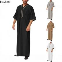 Männer Vintage Halbe Hülse Muslimischen Kaftan Roben Freizeit V-ausschnitt Gedruckt Jubba Thobe Solide Patchwork Arabisch Kleidung Plus Größe S-5XL