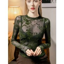 Flocked Print Mesh Top for Women with Ruffle Detail, See-Through Slim Fit Blouse, Trendy Long Sleeve T-shirt for Spring Fall