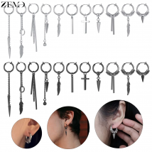 ZEMO 1 STÜCK Punk-Edelstahl-Clip-on-Ohrringe, lange Quasten-Anhänger, Ohrring, Kegel, Kreuz, Feder, nicht durchbohrt, Fake-Piercing, 12/14 mm