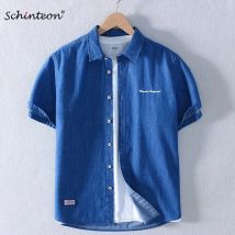 Schinteon Männer Sommer Dünne 100 % Reine Baumwolle Denim Kurzarm Hemd Casual Umlegekragen Brief Stickerei Jeans Top 2024