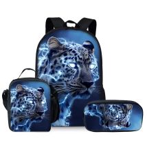Elektrischer Schneeleopard Dreiteiliges Rucksack-Set für Jungen und Mädchen Beste Geschenke 2D Flacher Cartoon-Schulranzen für Kinder