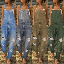 Frauen Jeans Overalls Löcher waschen Denim mittlere Taille knöchel lange gerade Hose einteilige Taschen High Street Casual Sports