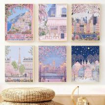 1pc moderno paesaggio urbano viaggio murale fiori rosa natura paesaggio edifici poster artistico città europea murale senza cornice decorazioni per la casa