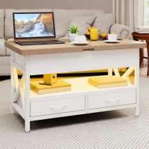 Tavolino da caffè sollevabile Balconera - Tavolo da pranzo convertibile con contenitore, 2 cassetti e luce LED, 90×50×51,5 cm