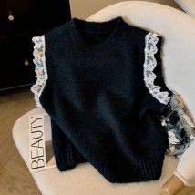 Spitze Patchwork Pullover Weste Frauen Ärmellose O Neck Japanische Süße Stricken Pullover Mode Lose Beiläufige Frühling Herbst Neue Jumper