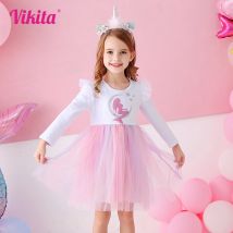 Vikita Mädchen Meerjungfrau Druck Kleid Kinder Mesh Tüll Prinzessin elegantes Kleid Kinder Langarm Herbst Frühling Patchwork lässig Vestidos