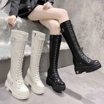 10CM Neue Frauen Plattform Kniehohe Stiefel Winter Warme Plüsch Lange Stiefel Leder Motorrad Stiefel Lace-up Chunky turnschuhe High Heels