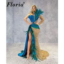 Abiti da Cocktail a sirena Sexy abiti da celebrità con una spalla di lusso alta con spacco laterale abiti da spettacolo con piume di cadonctel