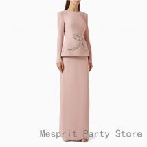 Pink Women's Evening Gown Floor Length Prom Dress O Neck Formal Party Dress Long  Sleeves Beading Saudi Gown