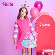 Vikita Mädchen Baumwolle Kapuzen kleid Kinder Schmetterling Druck gerade Kleid Mädchen lässig Vestidos Kinder Langarm Hoodies Kleider